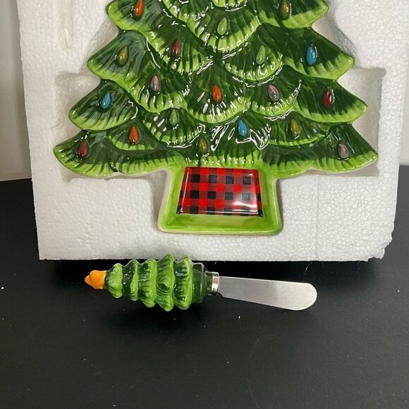 At Home by Mirabeau Farmhouse Christmas Tree Plate with Spreader Green Black New - Picture 6 of 6